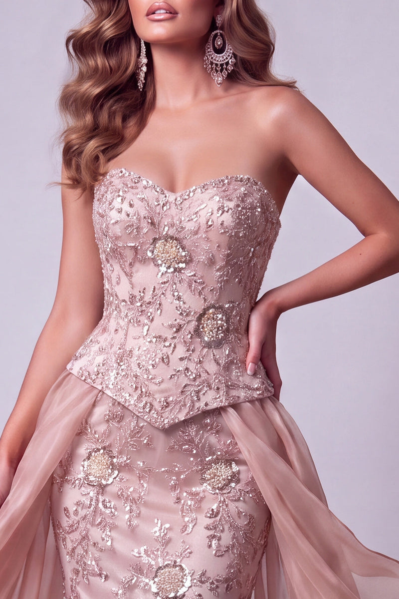 Load image into Gallery viewer, Sparkly Blush Floral Strapless Mermaid Beaded Long Evening Dress with Cape