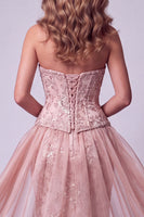 Load image into Gallery viewer, Sparkly Blush Floral Strapless Mermaid Beaded Long Evening Dress with Cape