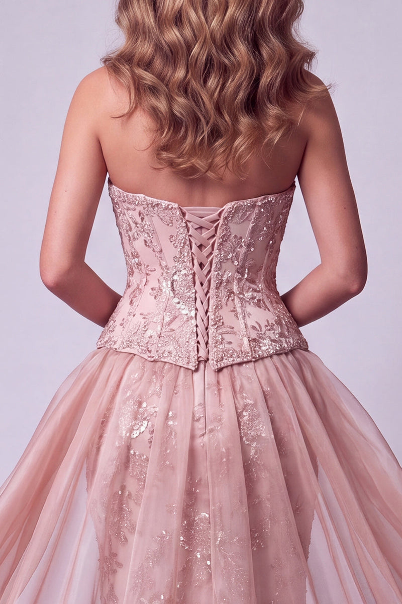 Load image into Gallery viewer, Sparkly Blush Floral Strapless Mermaid Beaded Long Evening Dress with Cape