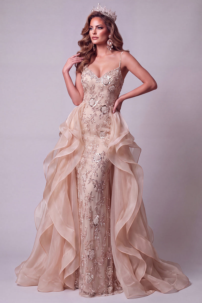Load image into Gallery viewer, Champagne Sparkly Mermaid Spaghetti Straps Long Evening Dress with Bow