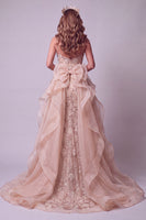 Load image into Gallery viewer, Champagne Sparkly Mermaid Spaghetti Straps Long Evening Dress with Bow