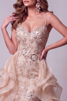 Load image into Gallery viewer, Champagne Sparkly Mermaid Spaghetti Straps Long Evening Dress with Bow