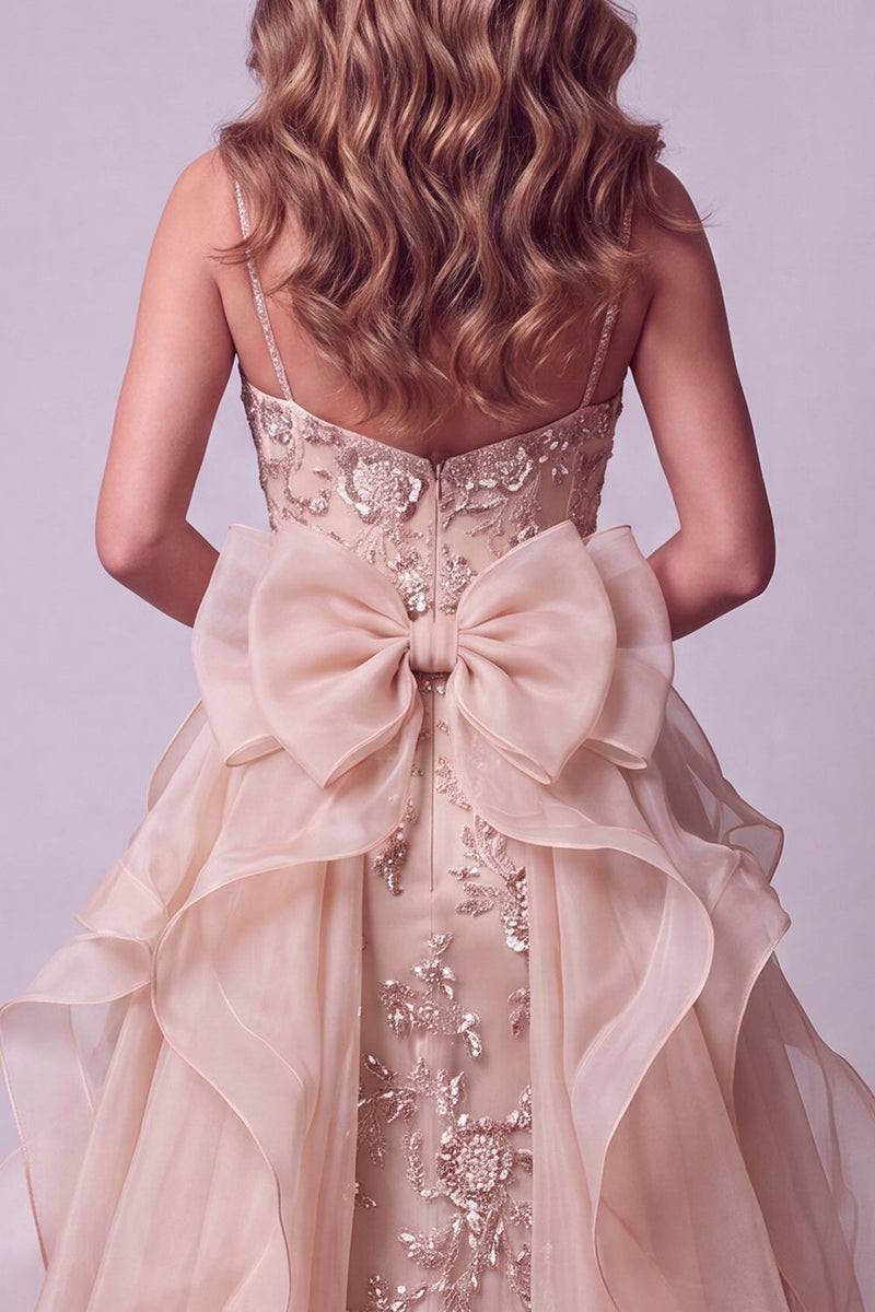 Load image into Gallery viewer, Champagne Sparkly Mermaid Spaghetti Straps Long Evening Dress with Bow
