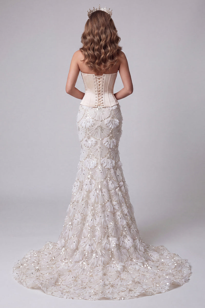 Load image into Gallery viewer, Sparkly Ivory Floral Corset Strapless Mermaid Long Evening Dress with Sequins
