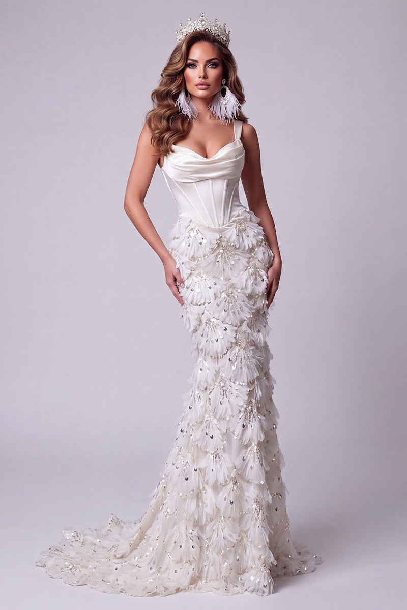 Load image into Gallery viewer, Sparkly Ivory Corset Floral Cowl Neck Mermaid Long Evening Dress