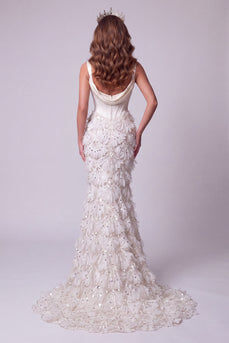 Sparkly Ivory Corset Floral Cowl Neck Mermaid Long Evening Dress