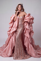 Load image into Gallery viewer, Sparkly Pink Corset Mermaid Strapless Sequins Long Evening Dress with Cape