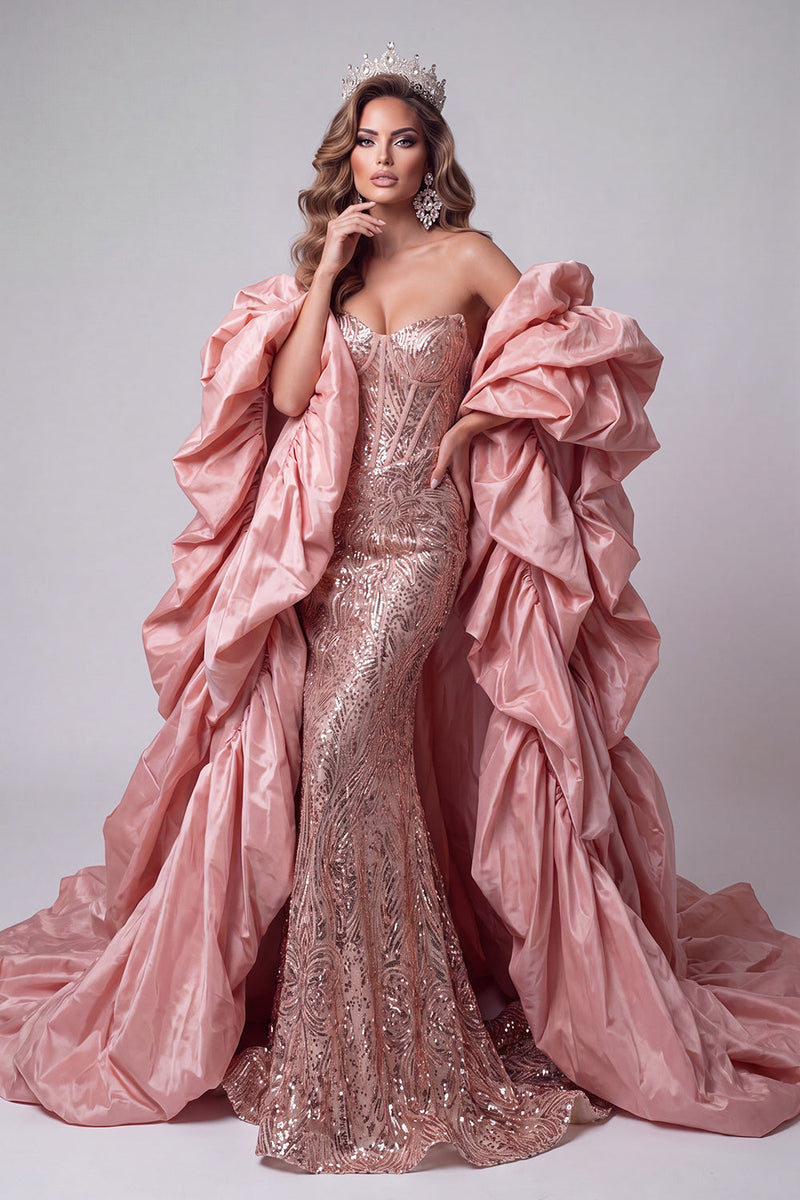 Load image into Gallery viewer, Sparkly Pink Corset Mermaid Strapless Sequins Long Evening Dress with Cape