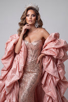Load image into Gallery viewer, Sparkly Pink Corset Mermaid Strapless Sequins Long Evening Dress with Cape