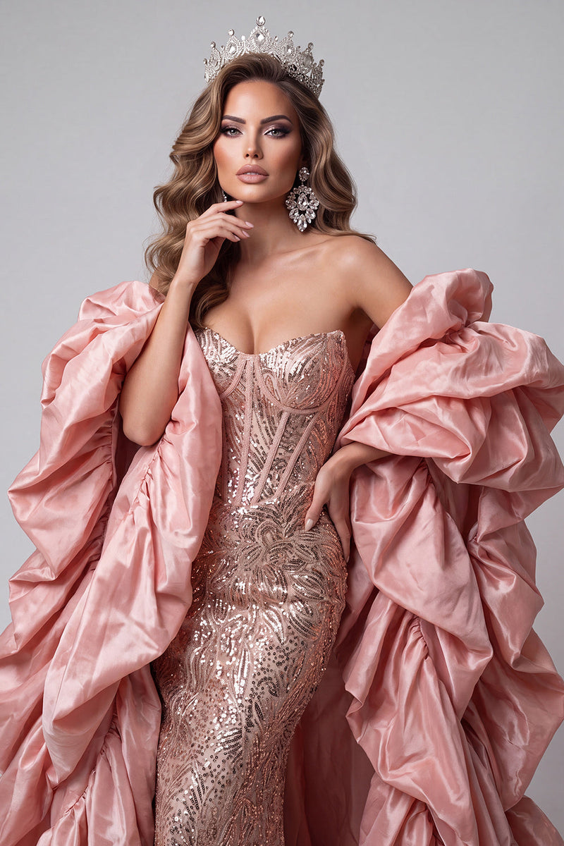 Load image into Gallery viewer, Sparkly Pink Corset Mermaid Strapless Sequins Long Evening Dress with Cape