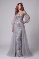 Load image into Gallery viewer, Sparkly Dusty Blue Mermaid Beaded Long Evening Dress with Sleeves