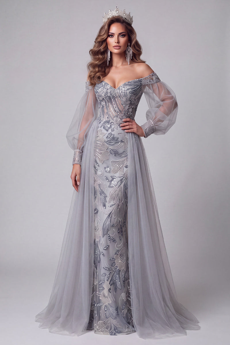 Load image into Gallery viewer, Sparkly Dusty Blue Mermaid Beaded Long Evening Dress with Sleeves