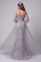 Load image into Gallery viewer, Sparkly Dusty Blue Mermaid Beaded Long Evening Dress with Sleeves