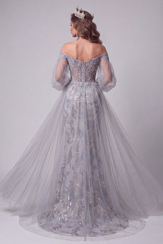 Sparkly Dusty Blue Mermaid Beaded Long Evening Dress with Sleeves