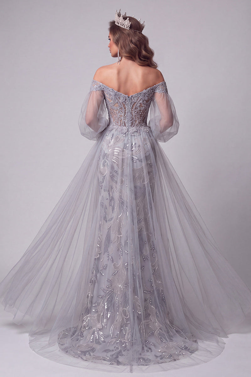 Load image into Gallery viewer, Sparkly Dusty Blue Mermaid Beaded Long Evening Dress with Sleeves