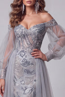 Load image into Gallery viewer, Sparkly Dusty Blue Mermaid Beaded Long Evening Dress with Sleeves