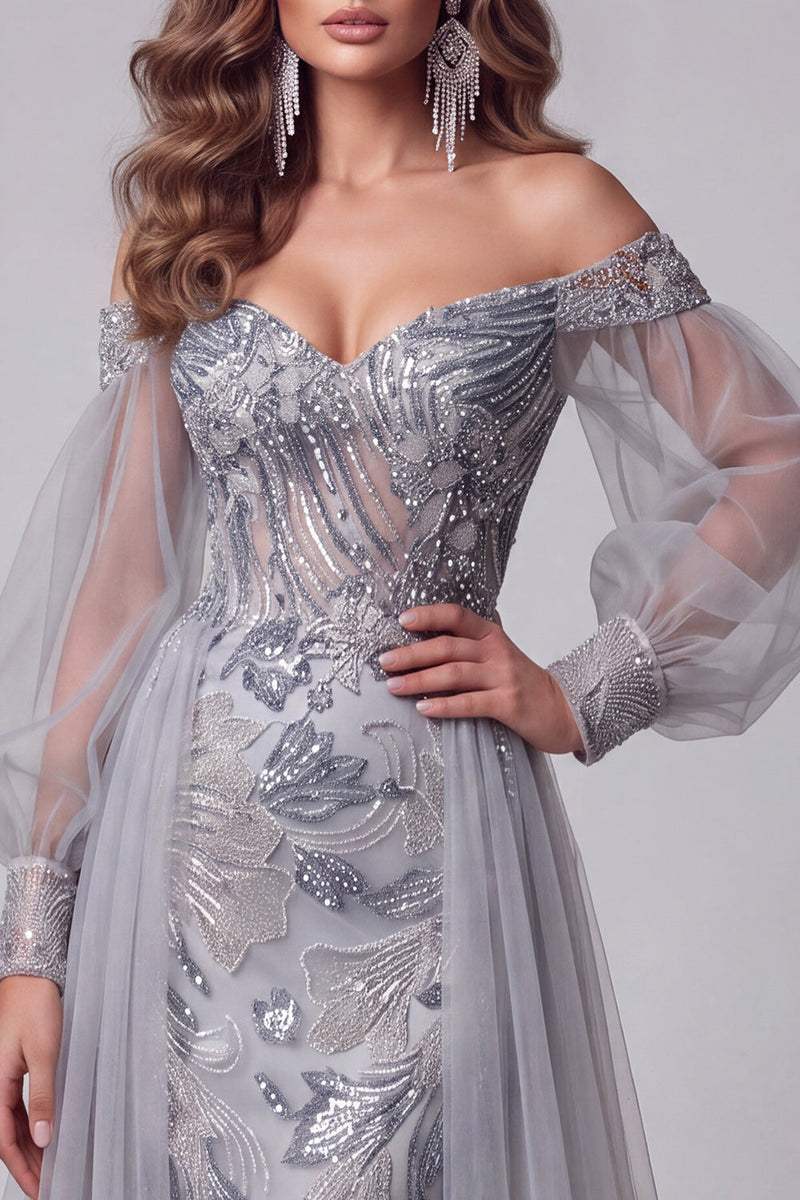 Load image into Gallery viewer, Sparkly Dusty Blue Mermaid Beaded Long Evening Dress with Sleeves