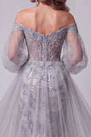 Load image into Gallery viewer, Sparkly Dusty Blue Mermaid Beaded Long Evening Dress with Sleeves