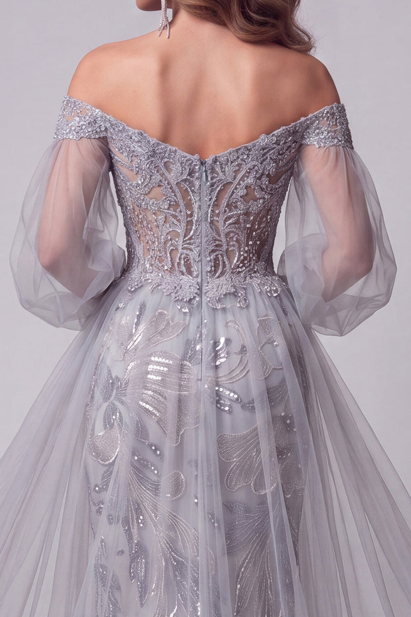 Load image into Gallery viewer, Sparkly Dusty Blue Mermaid Beaded Long Evening Dress with Sleeves