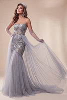 Load image into Gallery viewer, Sparkly Floral Dusty Blue Strapless Mermaid Long Evening Dress with Cape