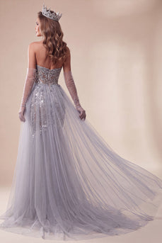 Sparkly Floral Dusty Blue Strapless Mermaid Long Evening Dress with Cape