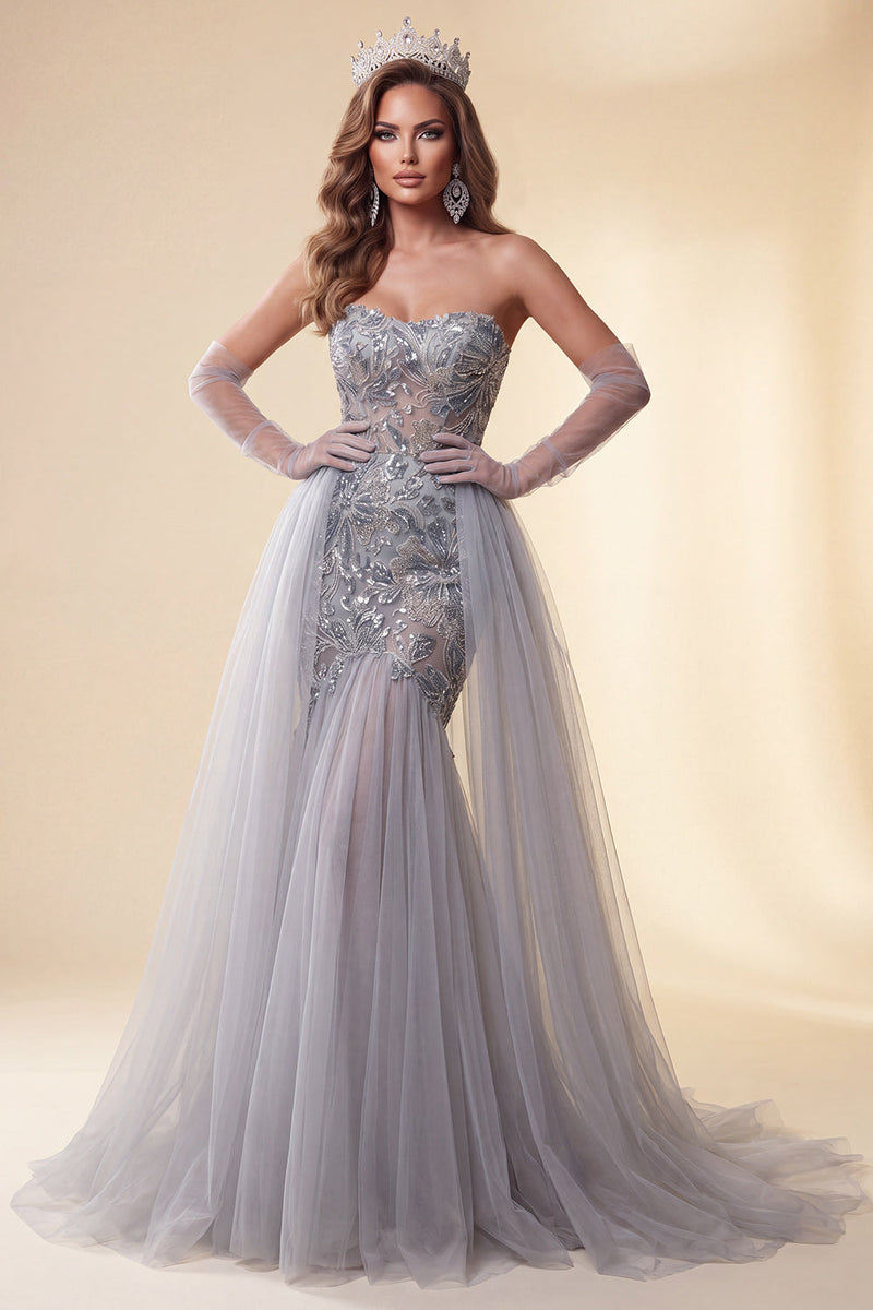 Load image into Gallery viewer, Sparkly Floral Dusty Blue Strapless Mermaid Long Evening Dress with Cape