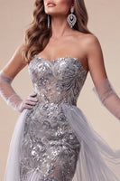 Load image into Gallery viewer, Sparkly Floral Dusty Blue Strapless Mermaid Long Evening Dress with Cape