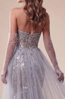 Load image into Gallery viewer, Sparkly Floral Dusty Blue Strapless Mermaid Long Evening Dress with Cape