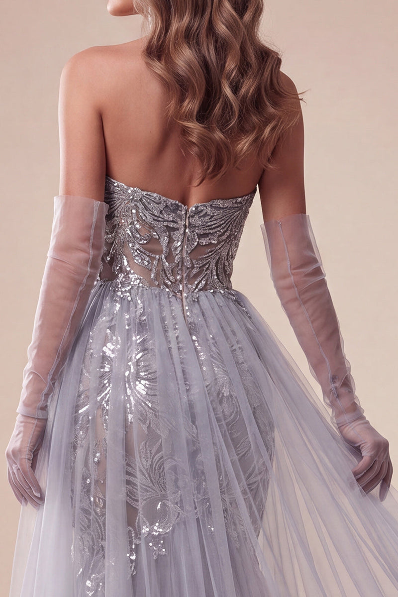 Load image into Gallery viewer, Sparkly Floral Dusty Blue Strapless Mermaid Long Evening Dress with Cape