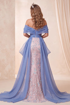 Sparkly Blue and Pink Mermaid Beaded Ruched Long Evening Dress with Cape