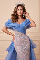 Load image into Gallery viewer, Sparkly Blue and Pink Mermaid Beaded Ruched Long Evening Dress with Cape