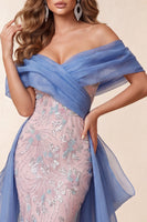 Load image into Gallery viewer, Sparkly Blue and Pink Mermaid Beaded Ruched Long Evening Dress with Cape