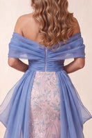 Load image into Gallery viewer, Sparkly Blue and Pink Mermaid Beaded Ruched Long Evening Dress with Cape