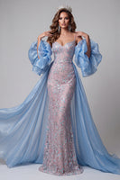 Load image into Gallery viewer, Sparkly Blue and Pink Mermaid Ruffled Long Evening Dress with Cape