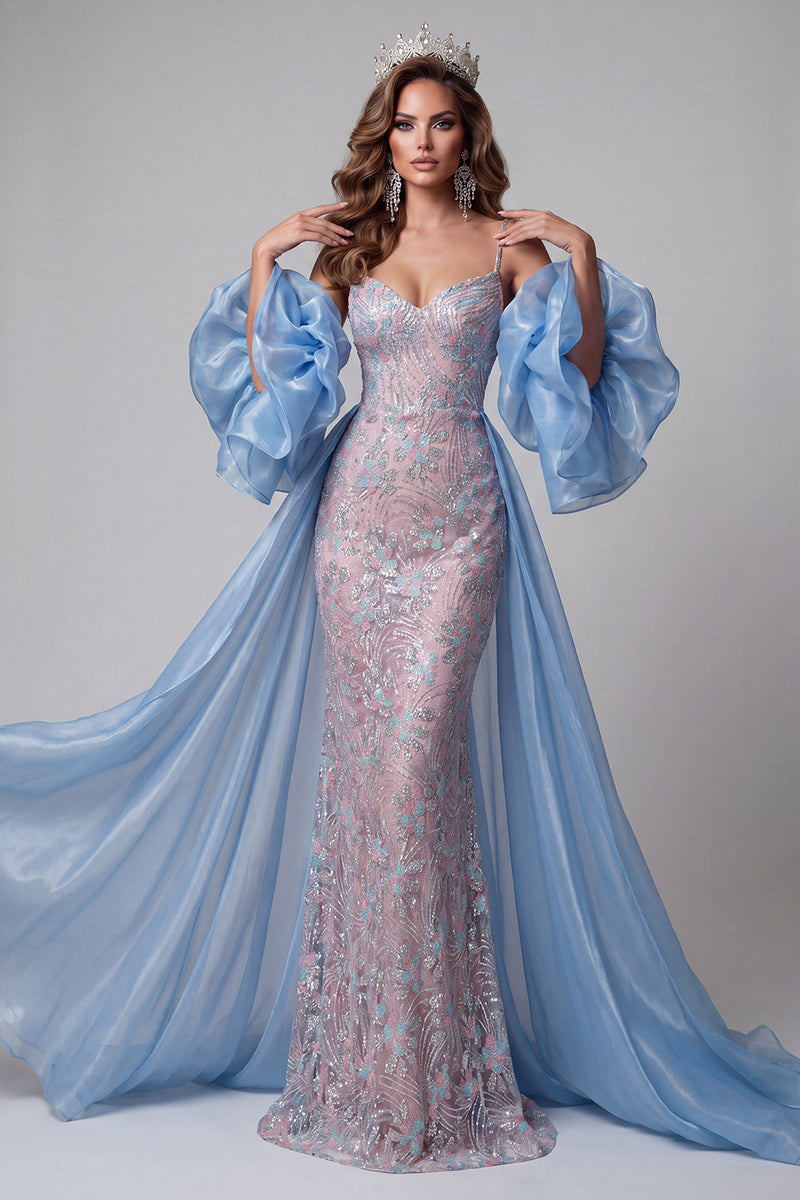 Load image into Gallery viewer, Sparkly Blue and Pink Mermaid Ruffled Long Evening Dress with Cape