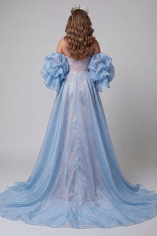 Sparkly Blue and Pink Mermaid Ruffled Long Evening Dress with Cape