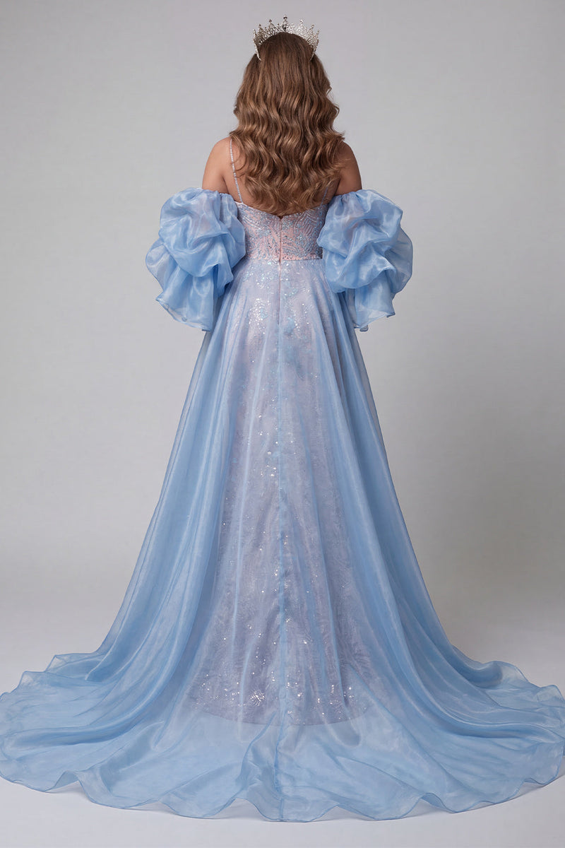Load image into Gallery viewer, Sparkly Blue and Pink Mermaid Ruffled Long Evening Dress with Cape