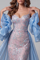 Load image into Gallery viewer, Sparkly Blue and Pink Mermaid Ruffled Long Evening Dress with Cape