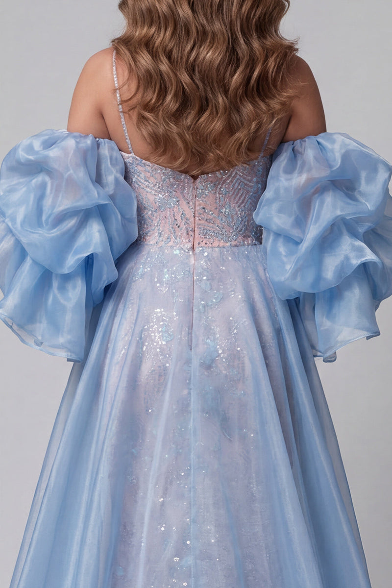 Load image into Gallery viewer, Sparkly Blue and Pink Mermaid Ruffled Long Evening Dress with Cape