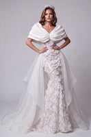 Load image into Gallery viewer, Sparkly White Sequins Floral Ruched Long Mermaid Evening Dress with Cape