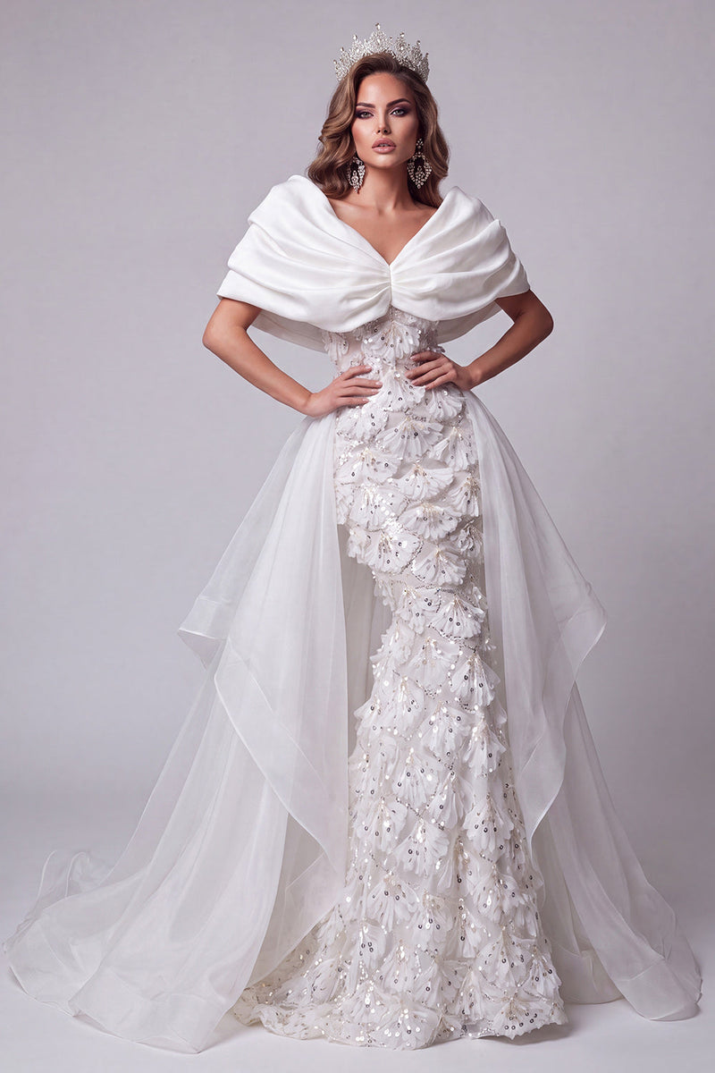 Load image into Gallery viewer, Sparkly White Sequins Floral Ruched Long Mermaid Evening Dress with Cape