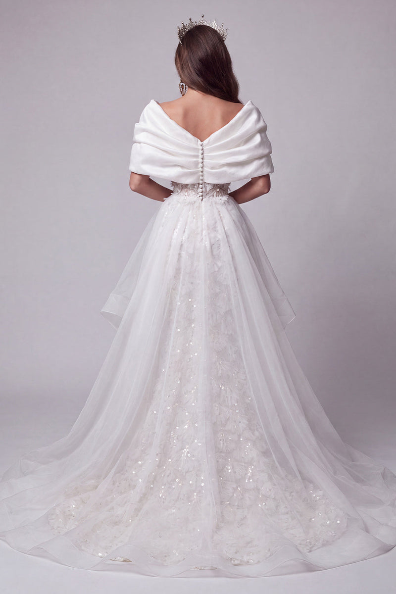 Load image into Gallery viewer, Sparkly White Sequins Floral Ruched Long Mermaid Evening Dress with Cape
