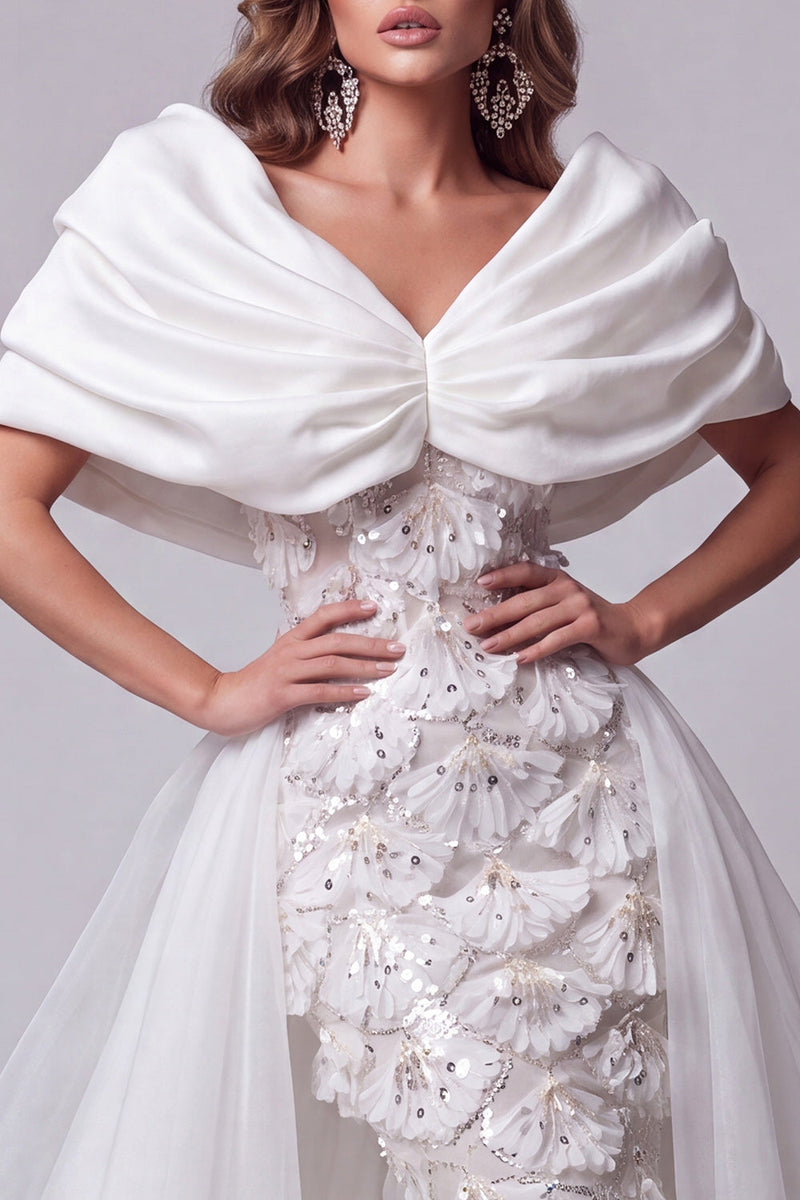 Load image into Gallery viewer, Sparkly White Sequins Floral Ruched Long Mermaid Evening Dress with Cape