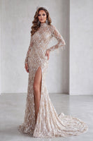 Load image into Gallery viewer, Sparkly Champagne Fringed Sequins Long Mermaid Evening Dress with Slit