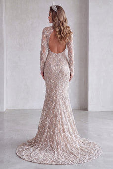 Sparkly Champagne Fringed Sequins Long Mermaid Evening Dress with Slit