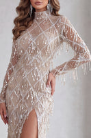 Load image into Gallery viewer, Sparkly Champagne Fringed Sequins Long Mermaid Evening Dress with Slit