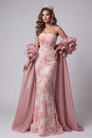 Load image into Gallery viewer, Sparkly Pink Mermaid Ruffled Beaded Long Evening Dress with Cape