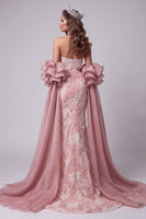 Load image into Gallery viewer, Sparkly Pink Mermaid Ruffled Beaded Long Evening Dress with Cape