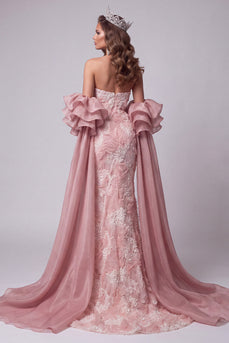 Sparkly Pink Mermaid Ruffled Beaded Long Evening Dress with Cape