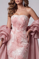 Load image into Gallery viewer, Sparkly Pink Mermaid Ruffled Beaded Long Evening Dress with Cape